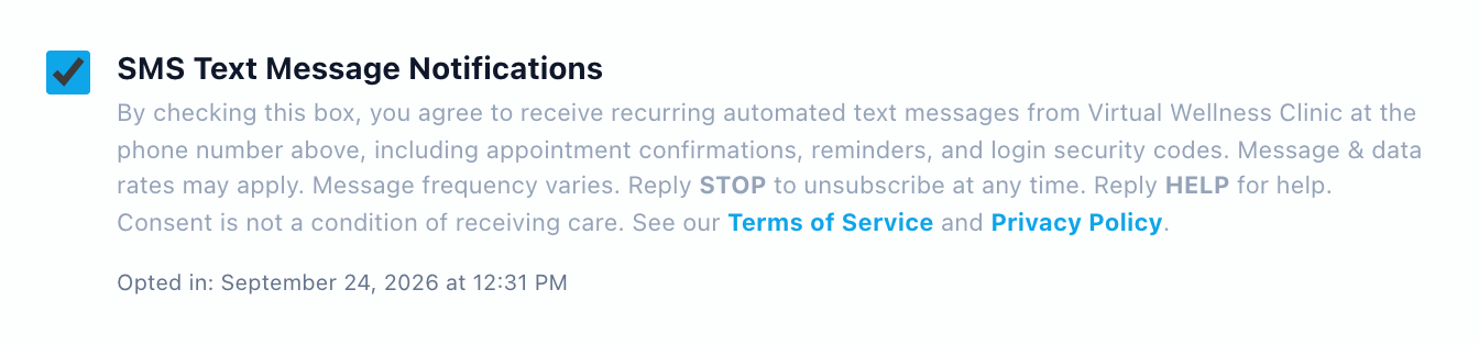 Saved SMS consent showing the recorded opt-in date and time